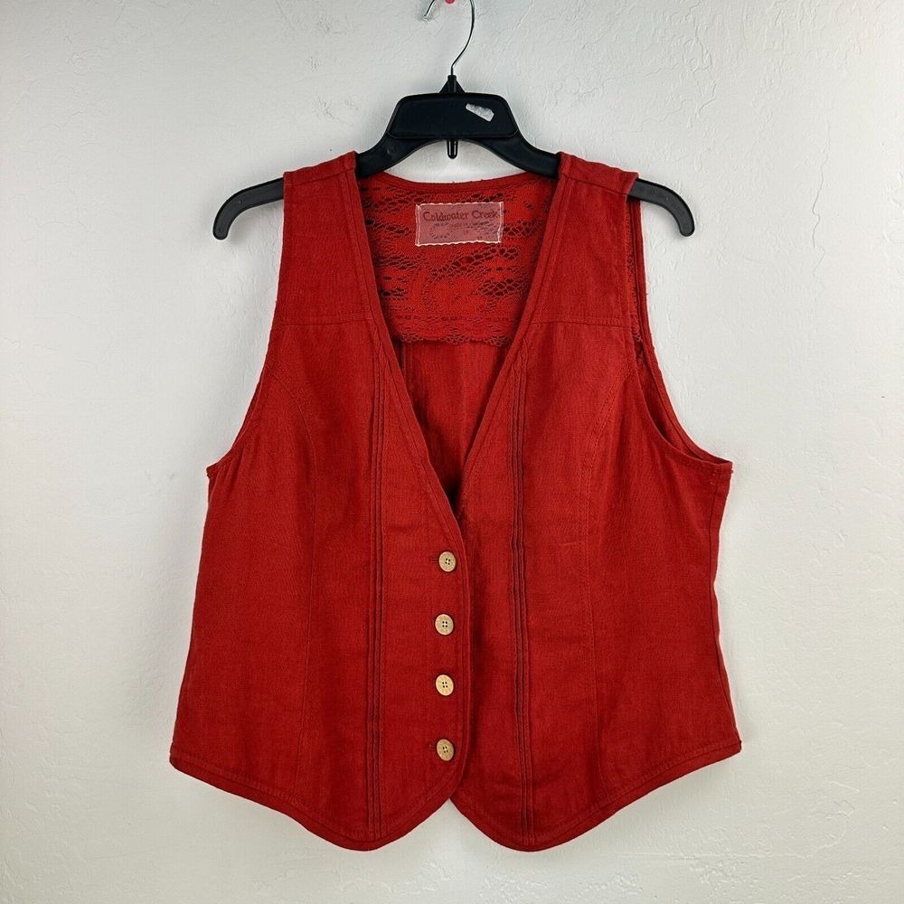 Vintage Coldwater Creek Linen Vest Womens 14 Orange Floral Farmers Market Boho